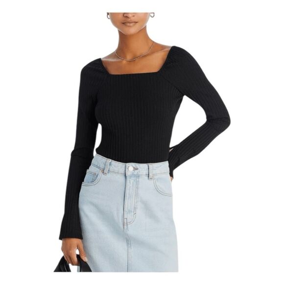 Madewell Ribbed Square Neck Top Black Knit Long Sleeve Split Cuffs Pull-Over XS - Picture 1 of 8